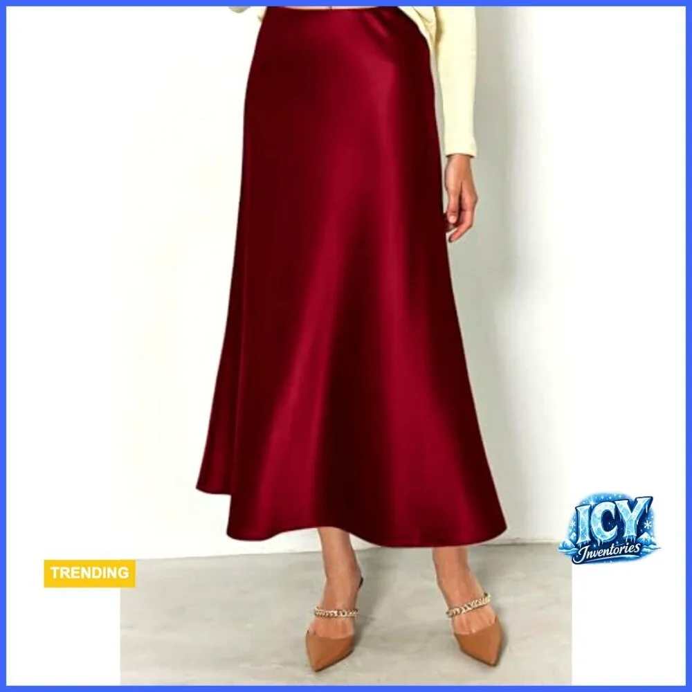 Satin Midi Skirt High Waisted A-Line Flowy Cocktail Wedding Casual